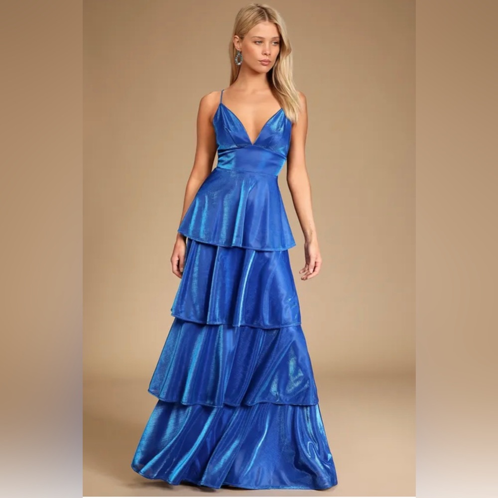 Lulu’s Blue Metallic Tiered Maxi Dress